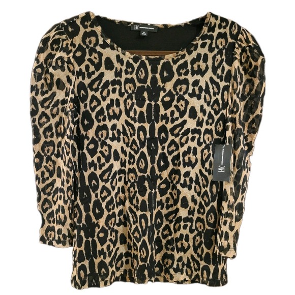 INC International Concepts Tops - INC International Concepts Leopard Print Mesh Sleeves 3/4 Sleeve Top Women M